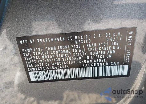 2017 Volkswagen Jetta 1.4T S from USA, damaged, VIN 3VW2B7AJ5HM404534